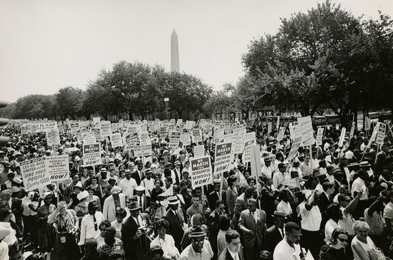 Large crowd of deomnstrators in front of the Washington Monument for the March on Washington for Jobs and Freedom, August 1963